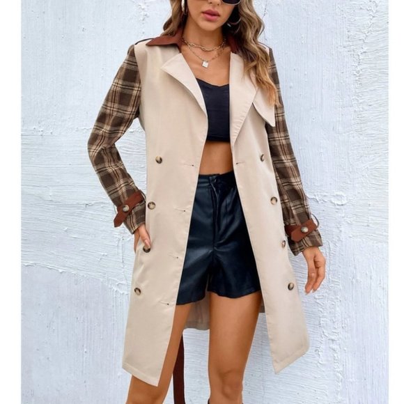 Plaid Print Double Breasted button Belted Trench Coat Jacket - Picture 2 of 6